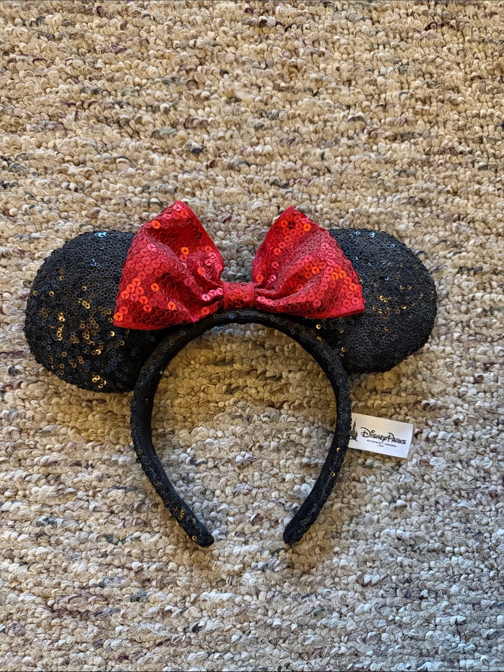 Disney Black Sequin Minnie Ears Headband with Red Bow